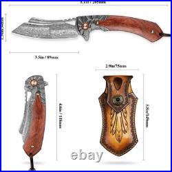 Handmade pocket Folding knife Damascus Stee With Wood handle & Sheath Camping