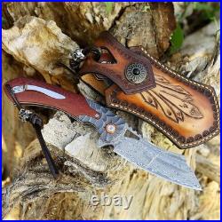 Handmade pocket Folding knife Damascus Stee With Wood handle & Sheath Camping