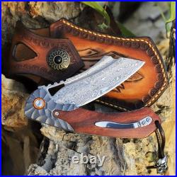 Handmade pocket Folding knife Damascus Stee With Wood handle & Sheath Camping