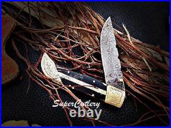 Handmde Damascus Steel Engraved Folding Knife Pocket Knife Buffalo Horn