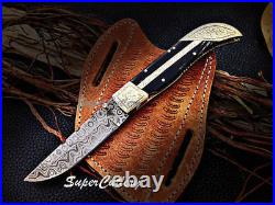 Handmde Damascus Steel Engraved Folding Knife Pocket Knife Buffalo Horn