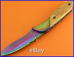 Heat Process Color Damascus Steel Olive Wood Handle Folding Knife FS13CBD-5