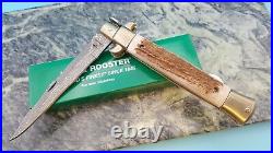 Hen & Rooster Stiletto Kris Damascus Stag Folding Blade Pocket Knife Medium