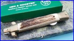 Hen & Rooster Stiletto Kris Damascus Stag Folding Blade Pocket Knife Medium