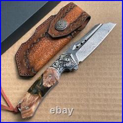 High Quality Hunting Knife Vg10 Damascus Folding Knives Blood Grooved with Sheath