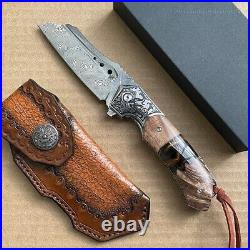 High Quality Hunting Knife Vg10 Damascus Folding Knives Blood Grooved with Sheath