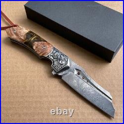 High Quality Hunting Knife Vg10 Damascus Folding Knives Blood Grooved with Sheath