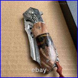 High Quality Hunting Knife Vg10 Damascus Folding Knives Blood Grooved with Sheath