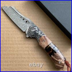 High Quality Hunting Knife Vg10 Damascus Folding Knives Blood Grooved with Sheath