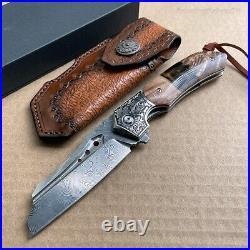 High Quality Hunting Knife Vg10 Damascus Folding Knives Blood Grooved with Sheath