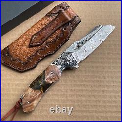 High Quality Hunting Knife Vg10 Damascus Folding Knives Blood Grooved with Sheath