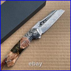 High Quality Hunting Knife Vg10 Damascus Folding Knives Blood Grooved with Sheath