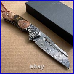 High Quality Hunting Knife Vg10 Damascus Folding Knives Blood Grooved with Sheath