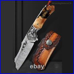 High Quality Hunting Knife Vg10 Damascus Folding Knives Blood Grooved with Sheath