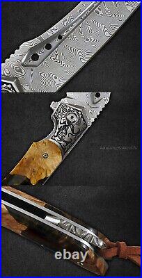 High Quality Hunting Knife Vg10 Damascus Folding Knives Blood Grooved with Sheath