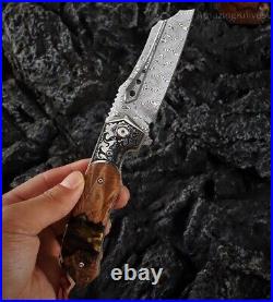 High Quality Hunting Knife Vg10 Damascus Folding Knives Blood Grooved with Sheath