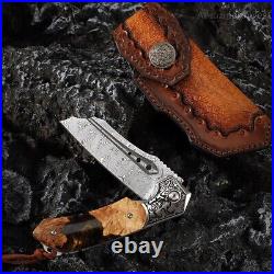 High Quality Hunting Knife Vg10 Damascus Folding Knives Blood Grooved with Sheath