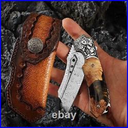 High Quality Hunting Knife Vg10 Damascus Folding Knives Blood Grooved with Sheath