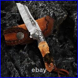 High Quality Hunting Knife Vg10 Damascus Folding Knives Blood Grooved with Sheath