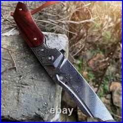 Hunting Knife Tactical Vg10 Damascus Folding Knives Flipper Blood Grooved Sheath