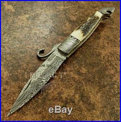 Impact Cutlery 1 Of A Kind Rare Custom Damascus Folding Pocket Knife Stag Antler