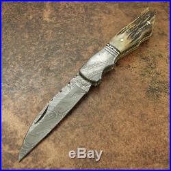 Impact Cutlery 1 Of A Kind Rare Custom Damascus Folding Pocket Knife Stag Antler