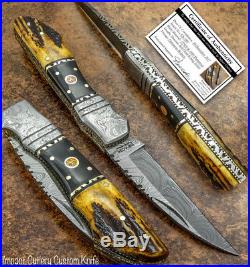 Impact Cutlery Rare Custom Damascus Folding Knife Stag Antler Handle