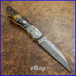 Impact Cutlery Rare Custom Damascus Folding Knife Stag Antler Handle