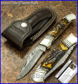 Impact Cutlery Rare Custom Damascus Folding Lock Back Knife Stag Antler Handle