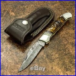 Impact Cutlery Rare Custom Damascus Folding Lock Back Knife Stag Antler Handle