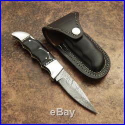 Impact Cutlery Rare Custom Damascus Folding Lock Back Pocket Knife Bull Horn