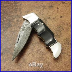 Impact Cutlery Rare Custom Damascus Folding Lock Back Pocket Knife Bull Horn