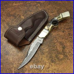 Impact Cutlery Rare Custom Damascus Folding Lock Back Pocket Knife Stag Antler