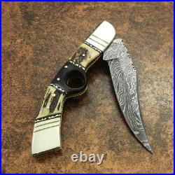Impact Cutlery Rare Custom Damascus Folding Lock Back Pocket Knife Stag Antler