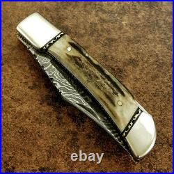 Impact Cutlery Rare Custom Damascus Folding Pocket Knife Stag Antler