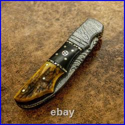 Impact Cutlery Rare Custom Damascus Folding Pocket Knife Stag Antler