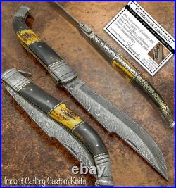 Impact Cutlery Rare XXL Custom Damascus Folding Lock Back Knife Stag Antler