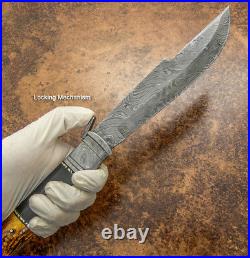 Impact Cutlery Rare XXL Custom Damascus Folding Lock Back Knife Stag Antler