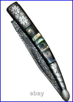 Indo Persian Pocket Folding Knife Danascus Steel & Silver Kofthgiri Worked