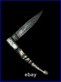 Indo Persian Pocket Folding Knife Danascus Steel & Silver Kofthgiri Worked