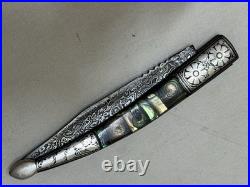 Indo Persian Pocket Folding Knife Danascus Steel & Silver Kofthgiri Worked