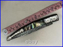 Indo Persian Pocket Folding Knife Danascus Steel & Silver Kofthgiri Worked
