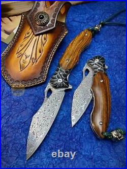 Japanese Damascus Steel Folding Knife Pocket Knives Survival Sheath Flipper Wood