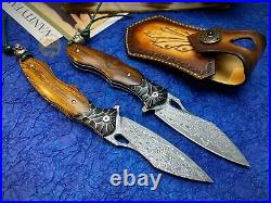 Japanese Damascus Steel Folding Knife Pocket Knives Survival Sheath Flipper Wood