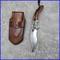 Japanese Damascus steel folding tactical pocket surviva knife with leather case