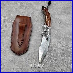 Japanese Damascus steel folding tactical pocket surviva knife with leather case