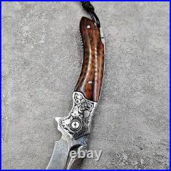 Japanese Damascus steel folding tactical pocket surviva knife with leather case