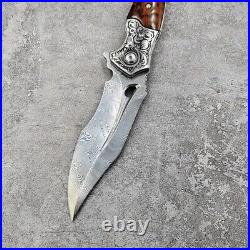 Japanese Damascus steel folding tactical pocket surviva knife with leather case