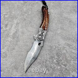 Japanese Damascus steel folding tactical pocket surviva knife with leather case