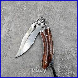 Japanese Damascus steel folding tactical pocket surviva knife with leather case